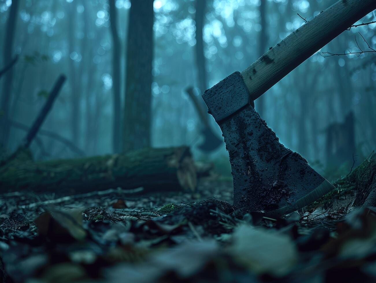 Mysterious axe in dark forest photo