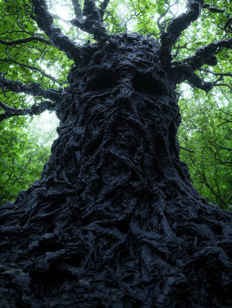 Twisted and gnarled tree trunk in lush forest photo