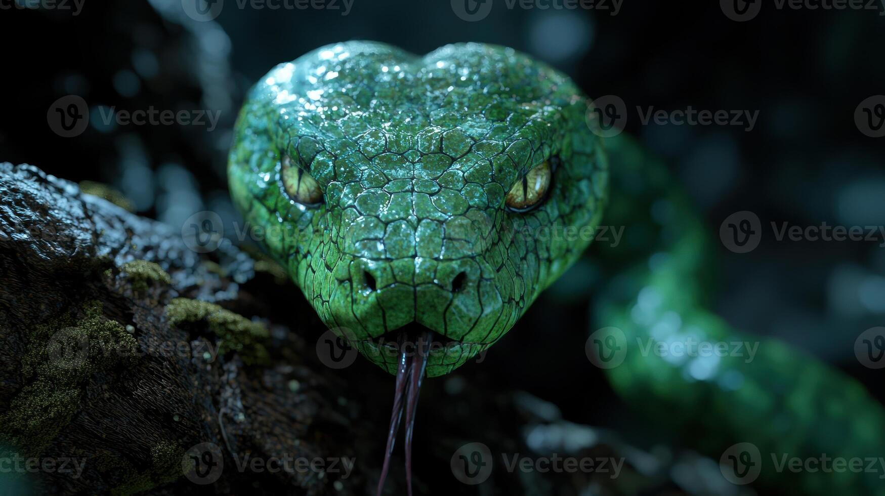 close up of a green snake with detailed scales photo