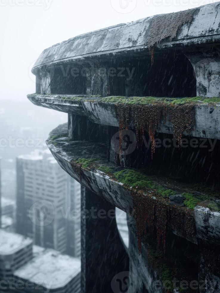 Abandoned concrete structure in the rain photo