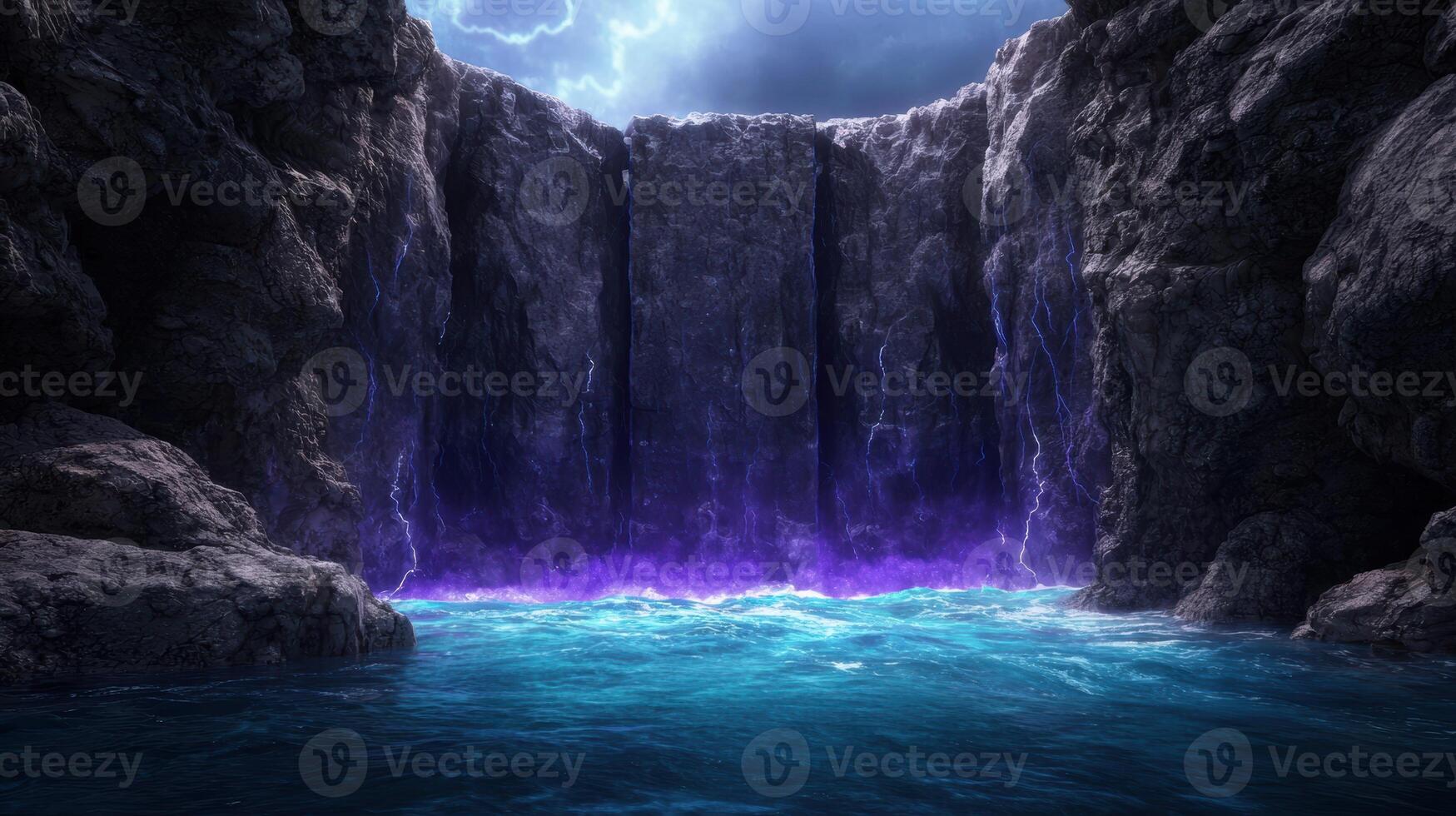 Dramatic waterfall cascading into turquoise pool photo