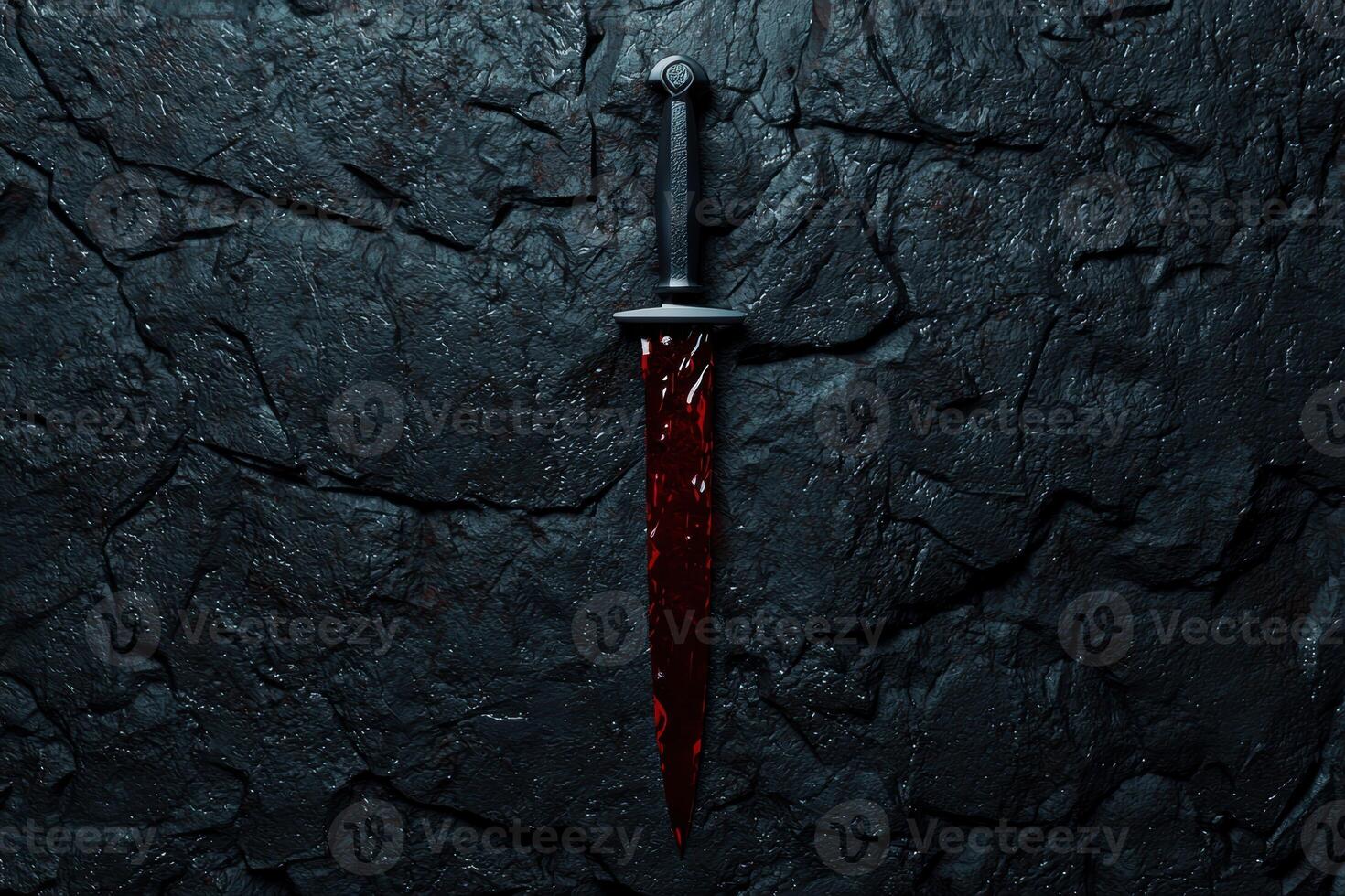 Mysterious medieval sword embedded in dark rock photo