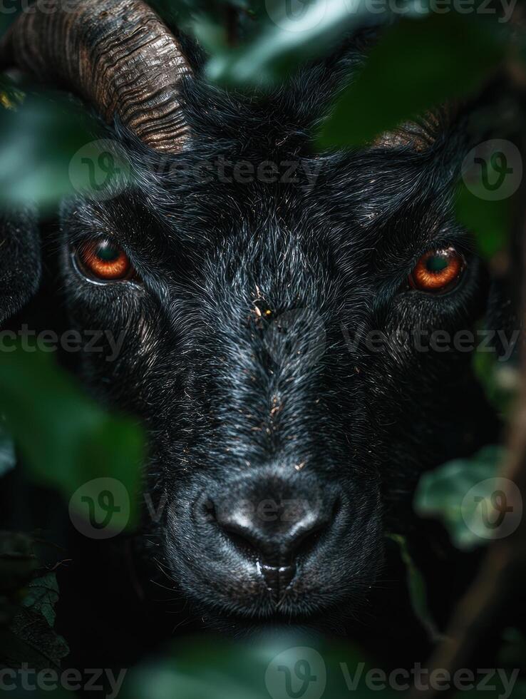 Close up of a black goats face with striking orange eyes photo