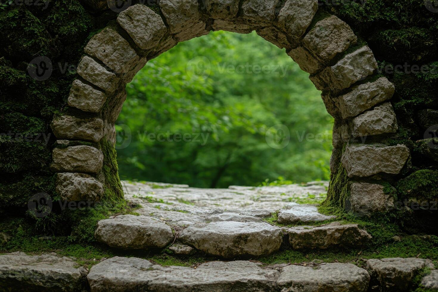 Lush green forest through stone archway photo