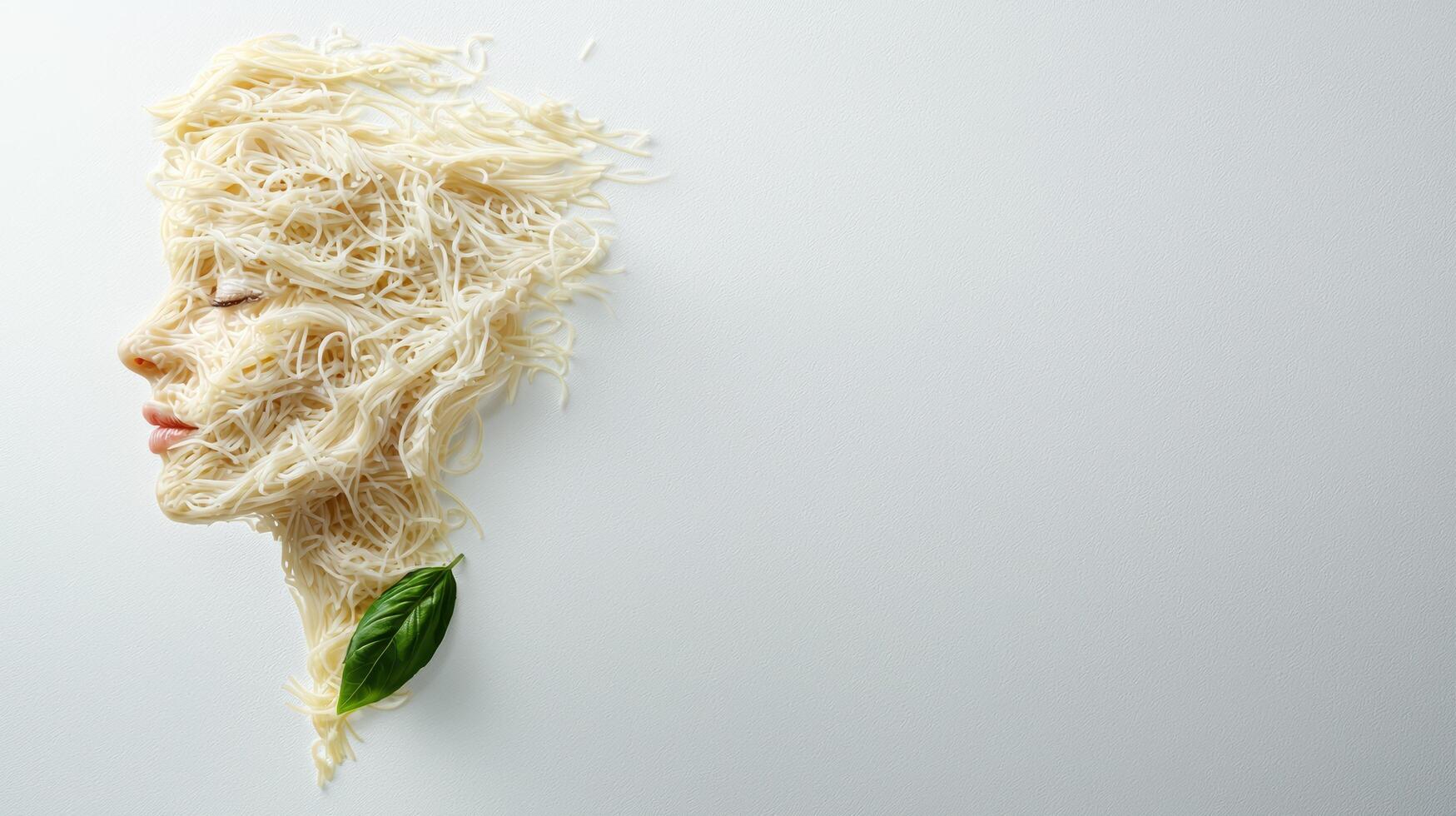 Tangled pasta noodles with fresh basil leaf photo