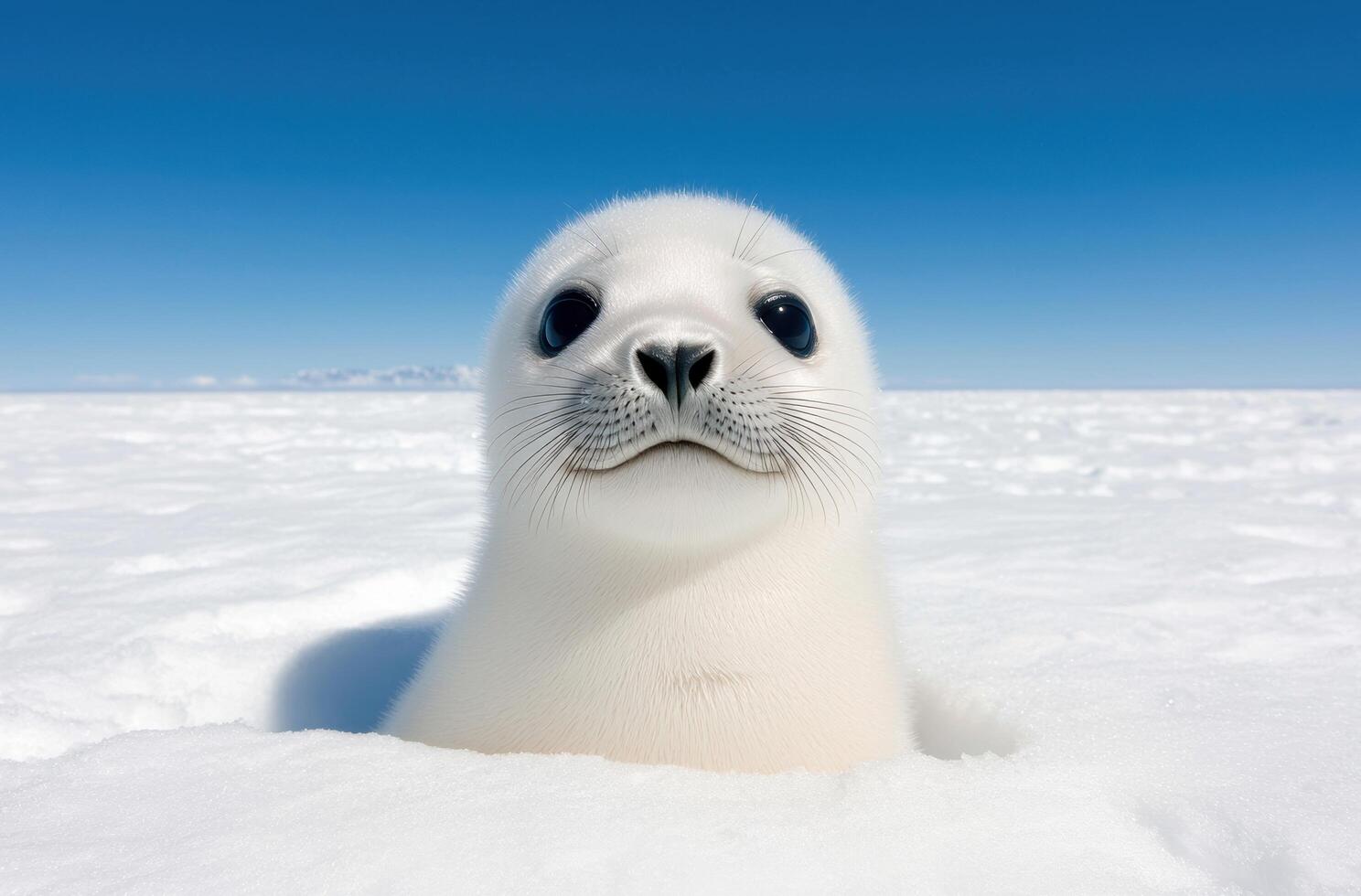 Adorable baby harp seal on ice photo