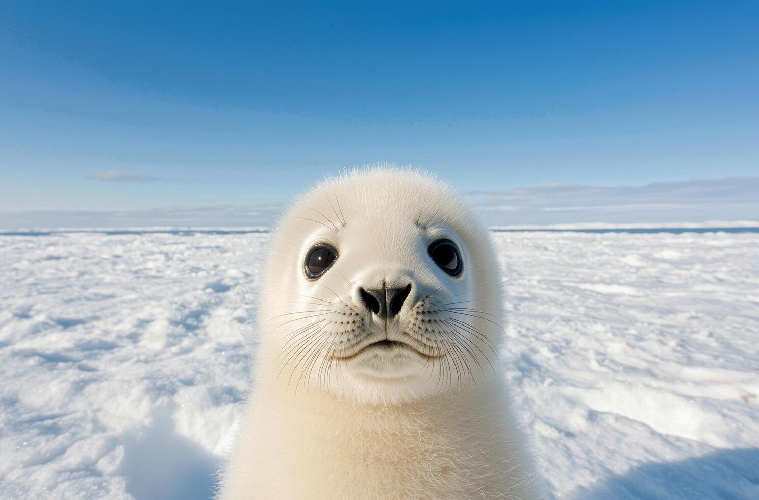 Adorable baby harp seal on ice field photo