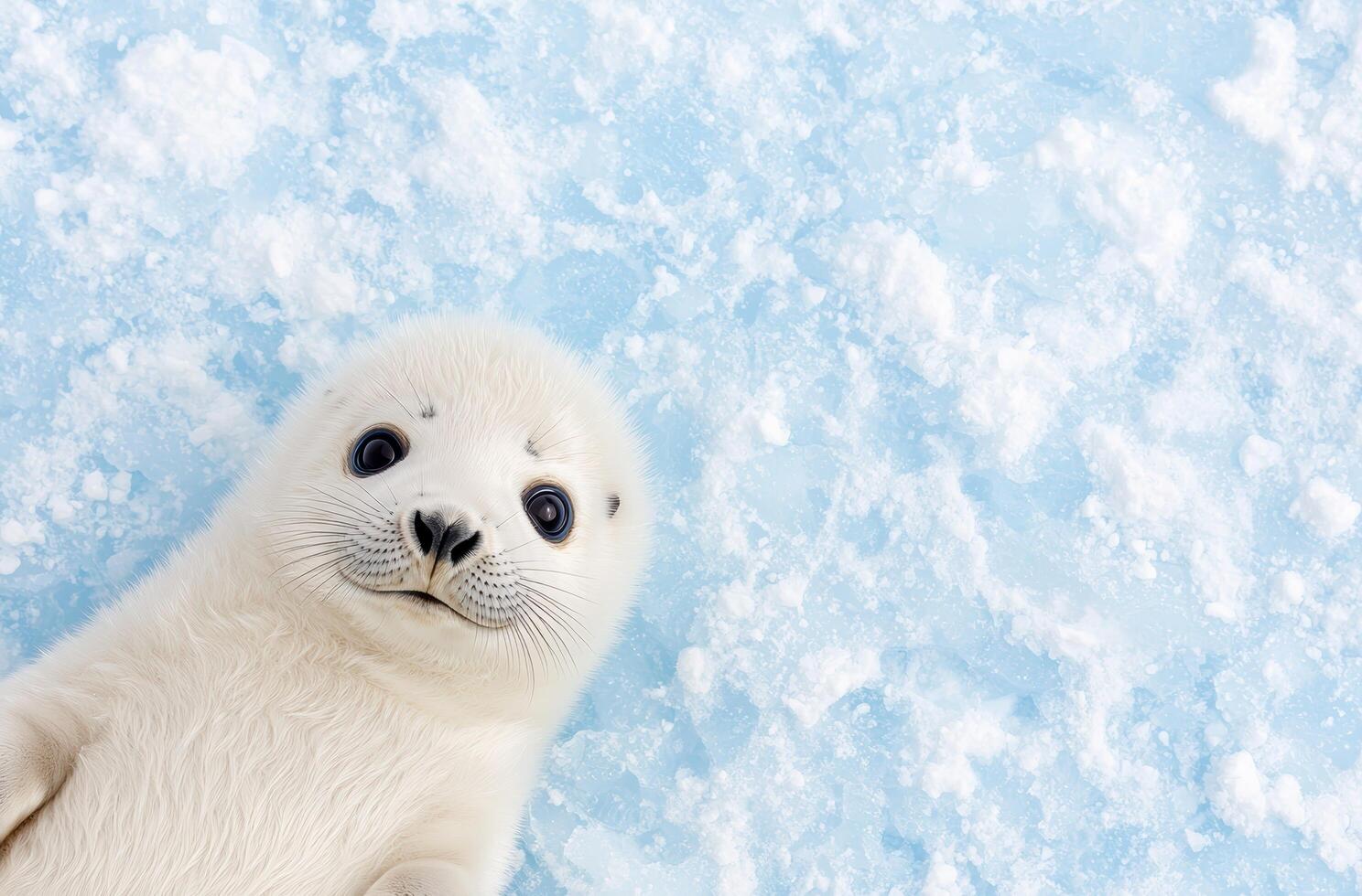 Adorable baby harp seal on snowy background photo