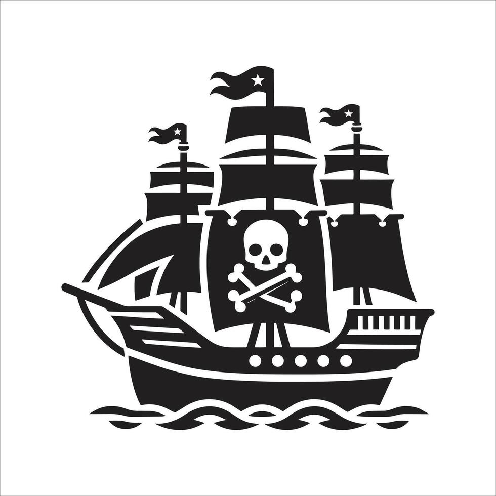 Pirate Ship Silhouette with Skull and Crossbones Flags Black and White Silhouette Illustration Sails in The Ocean vector