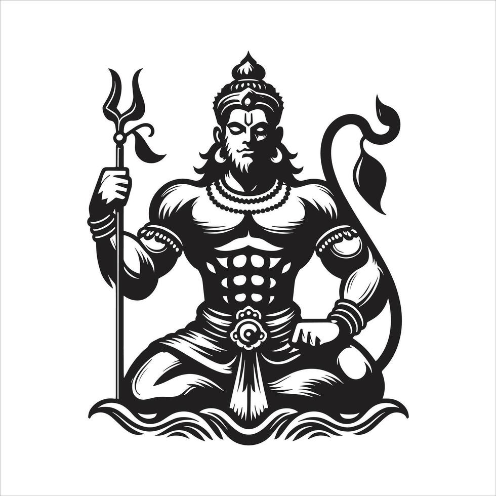 Free Illustration of Indian God Lord Hanuman Muscular Body Black and White Minimalist Silhouette for Hanuman Jayanti vector