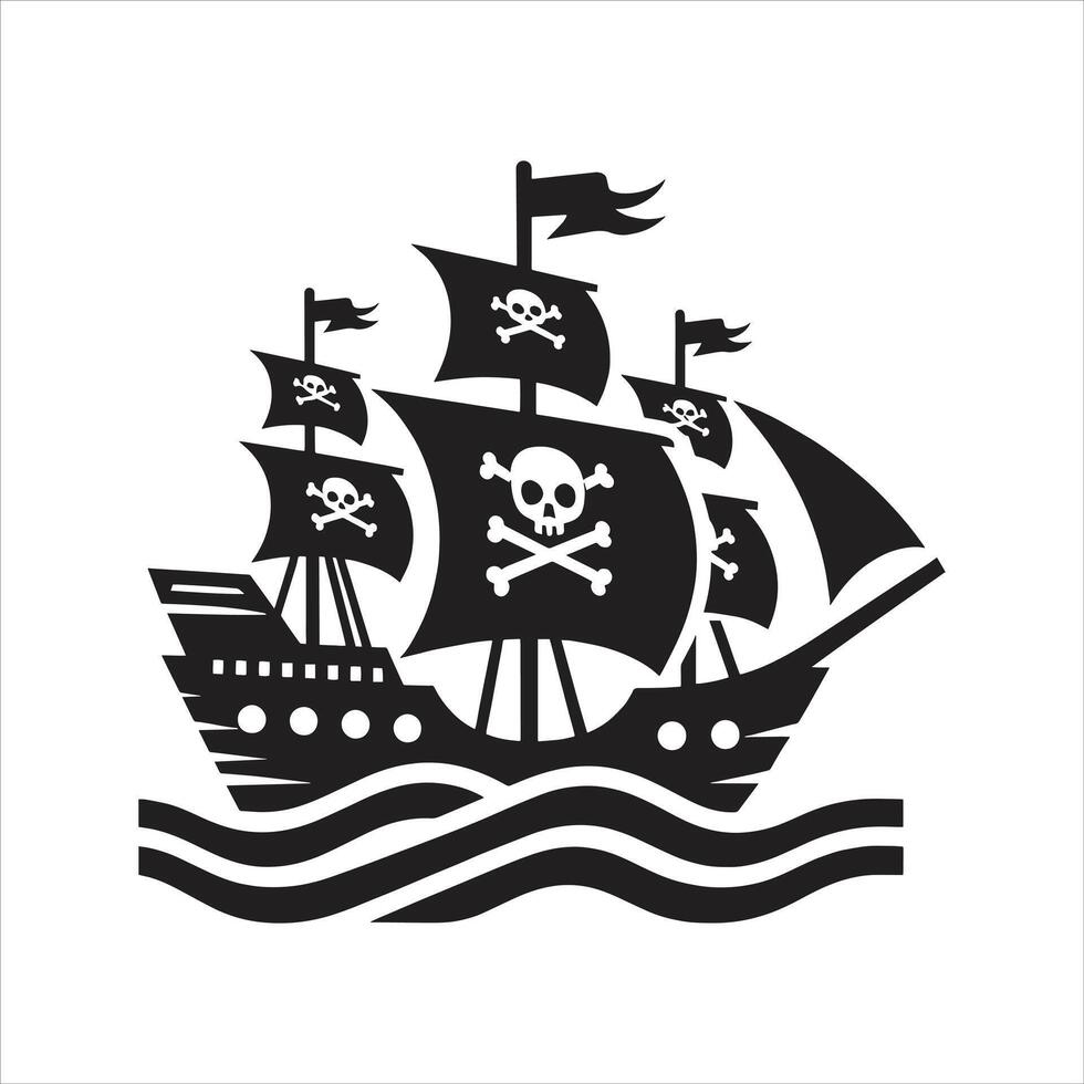 Black and White Silhouette Illustration of Pirate Ship with Skull and Crossbones Flags and Ocean Sails vector