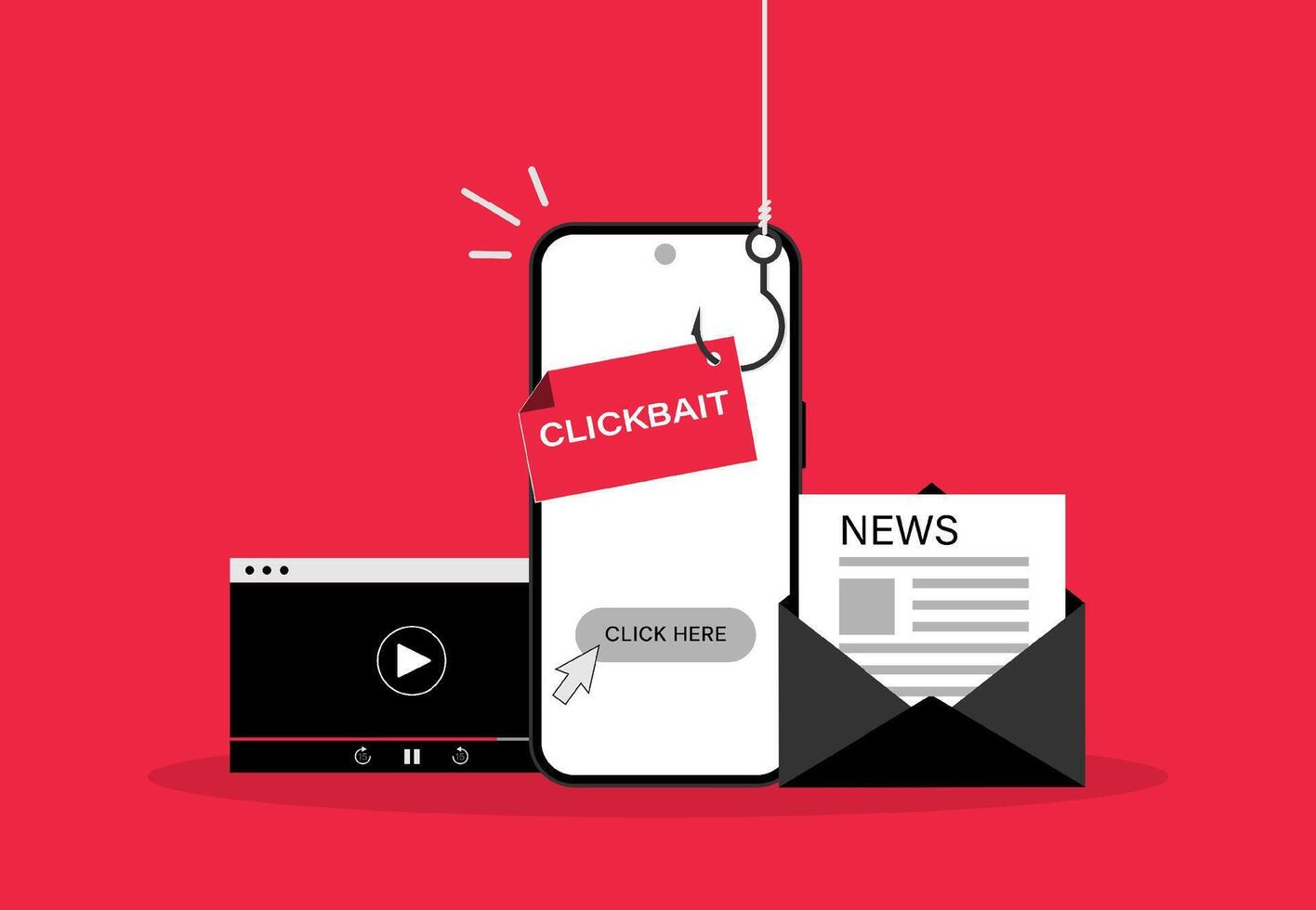 Clickbait concept with smartphone and fishing hook on clickbait message. Advertising and spam symbol vector