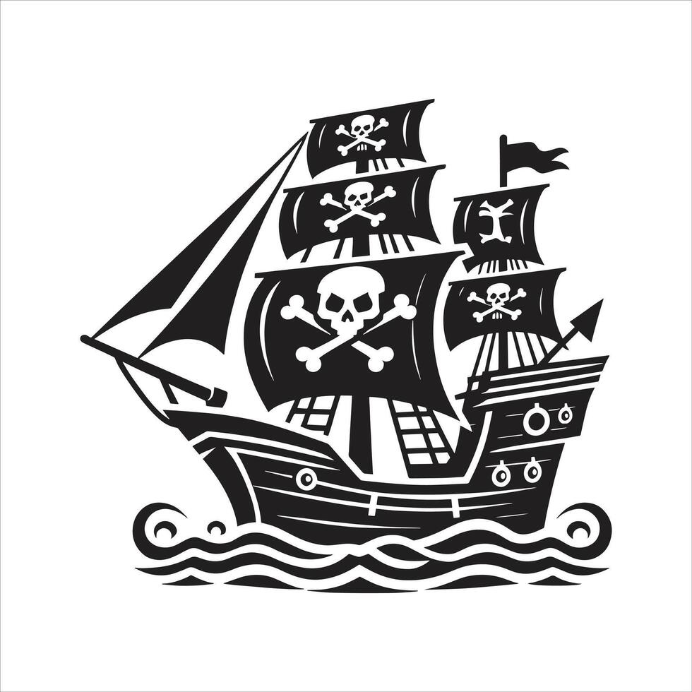 Skull and Crossbones Flags on Pirate Ship Black and White Silhouette Illustration Sails in The Ocean vector