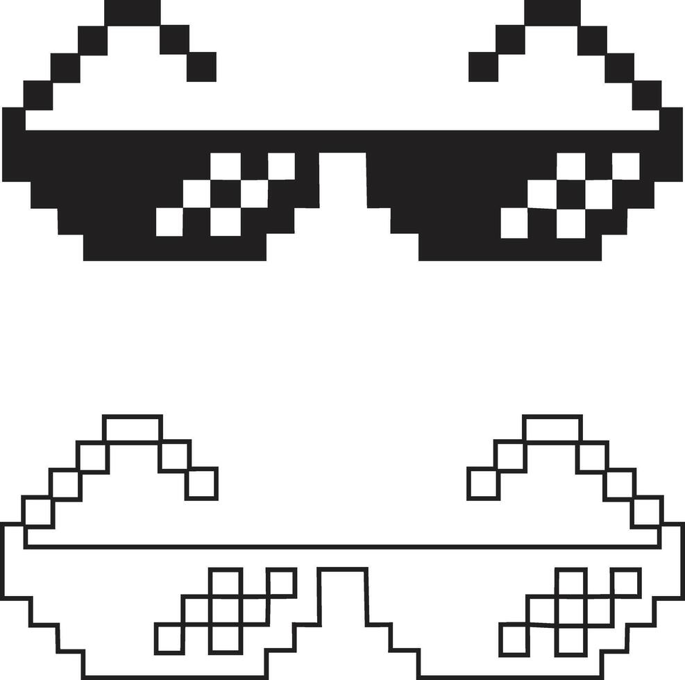 Pixel glasses icons. Black flat and line collection isolated element of pixel art. Ghetto lifestyle culture design. Mock up template. Abstract concept graphic sign. vector