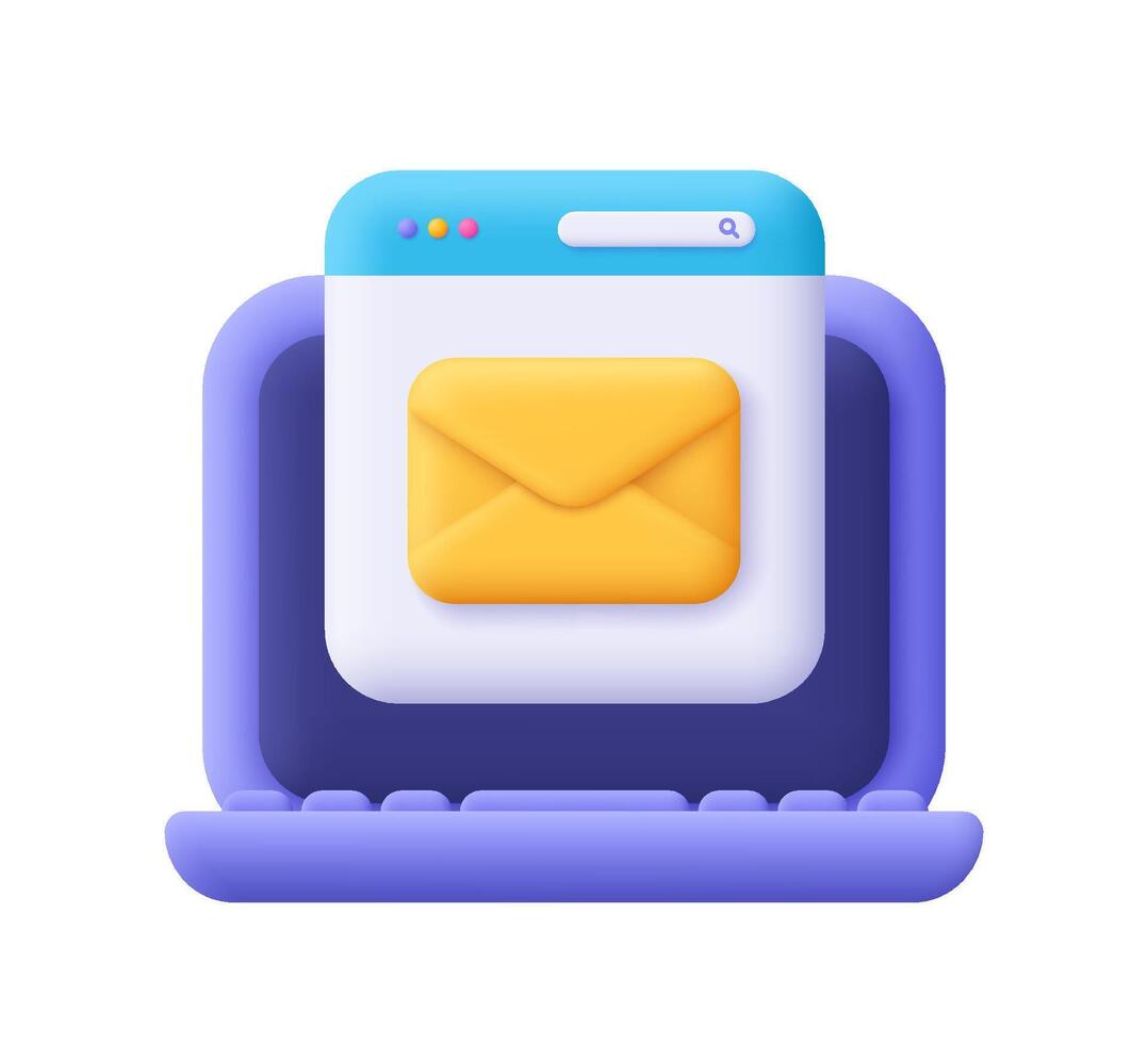 Computer laptop with webpage and envelope. New email, mail service, e-mail message, mail notification, social network concept. 3d icon. Cartoon minimal style. vector