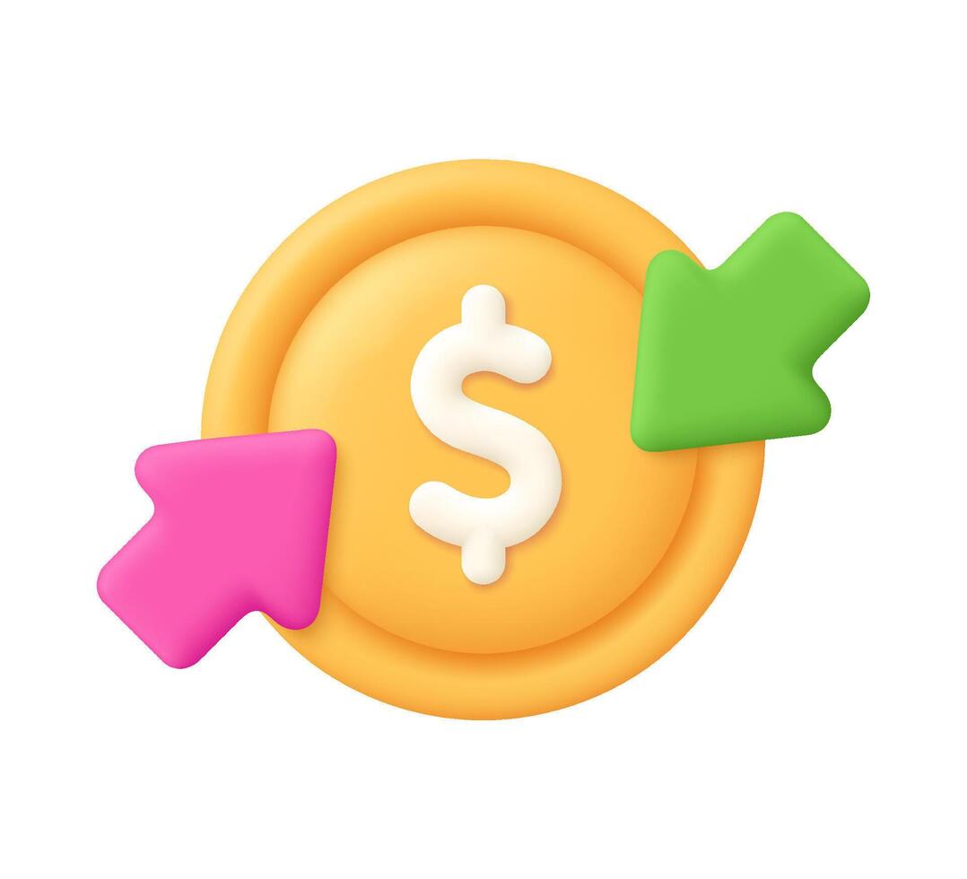 Dollar coin with arrow down and up. Financial loss or growth, increase or low of revenue. Finance and business concept. 3d icon. Cartoon minimal style. vector