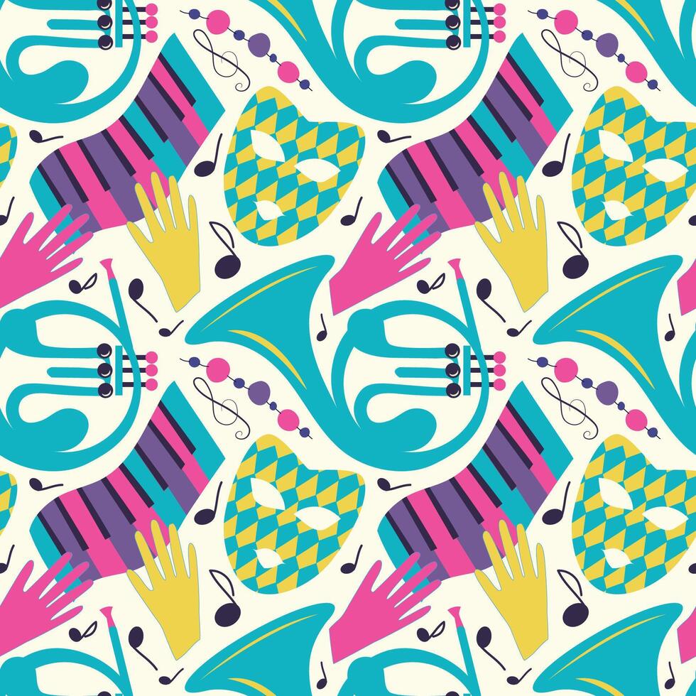 Pattern with with carnival masks and musical instrumentsments vector
