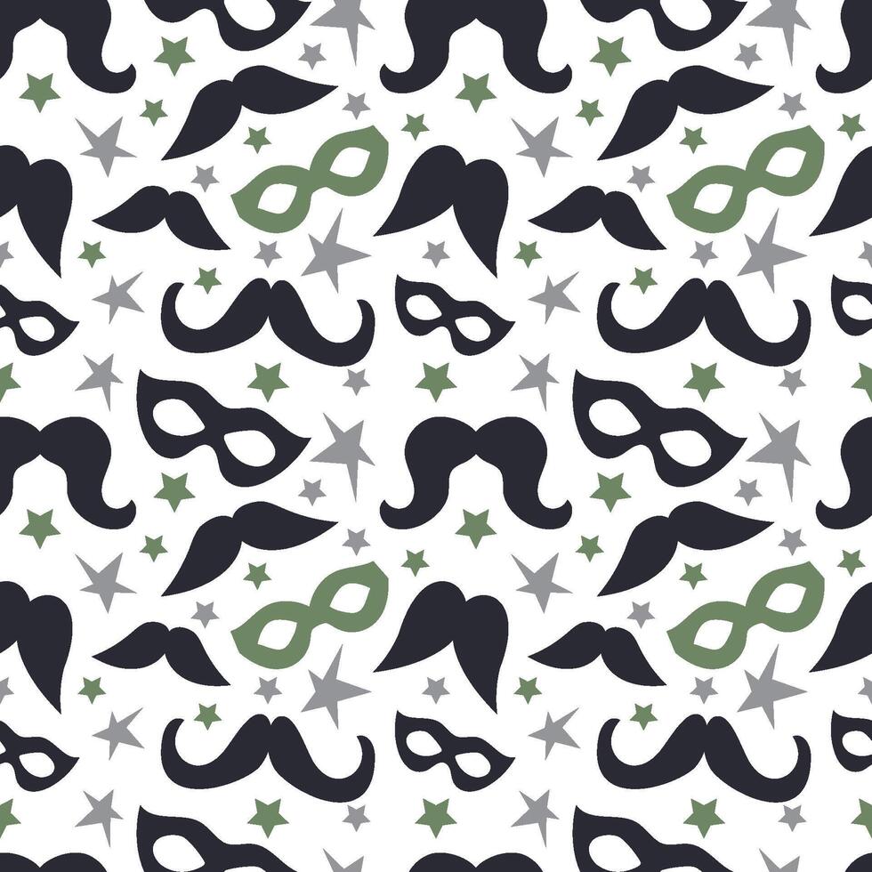 Carnaval pattern with moustache and masks, Stars. vector