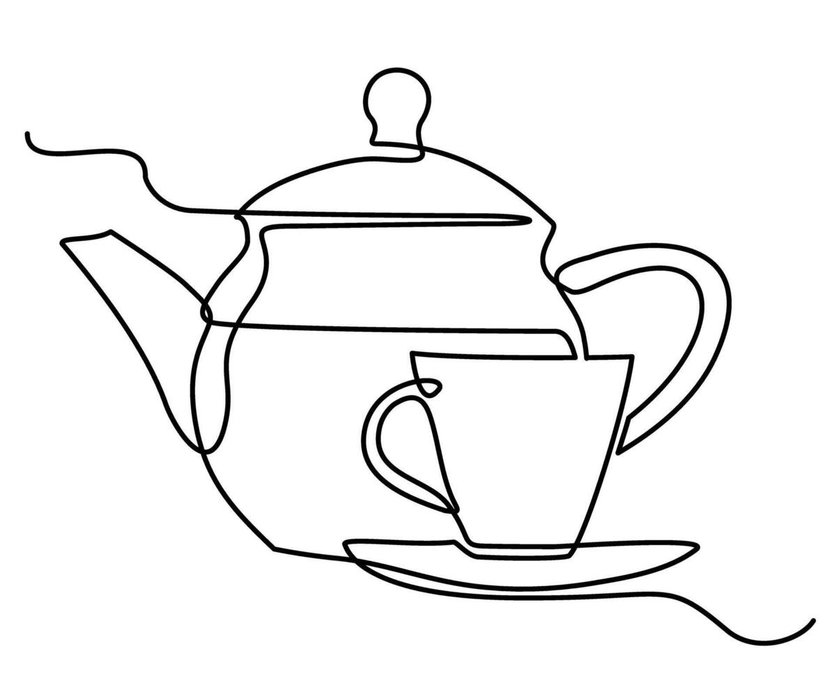 Continuous one single line drawing of teapot with tea and cup. Pouring drink. Hand drawn linear silhouette icon. Teapot and tea cup one line continuous drawing vector