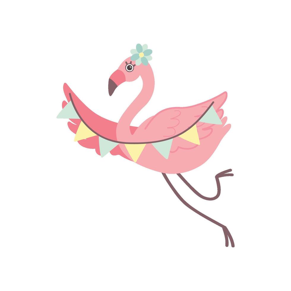 Cute Flamingo with Party Flags, Beautiful Exotic Bird Character Illustration vector