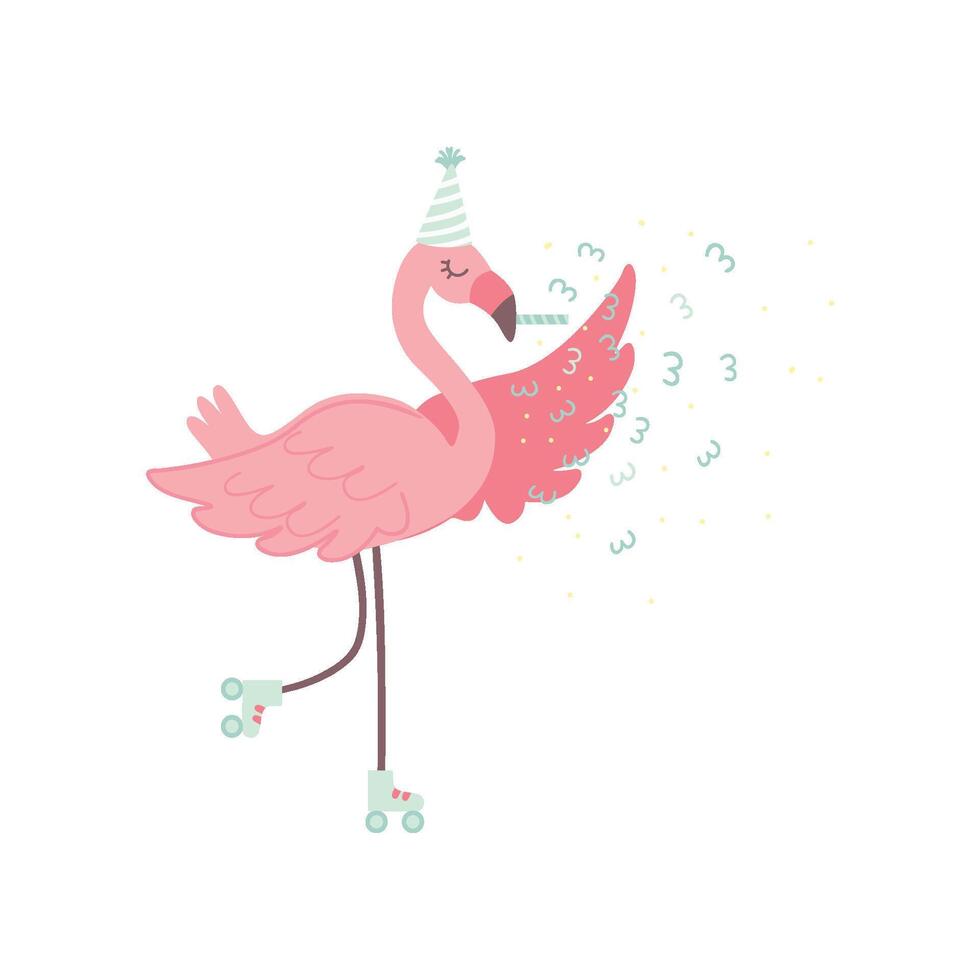 Cute Flamingo Rollerblading Wearing Party Hat, Beautiful Exotic Bird Character Illustration vector