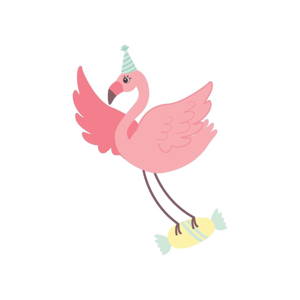 Cute Flamingo Wearing Party Hat Flying with Candy, Beautiful Exotic Bird Character Illustration vector