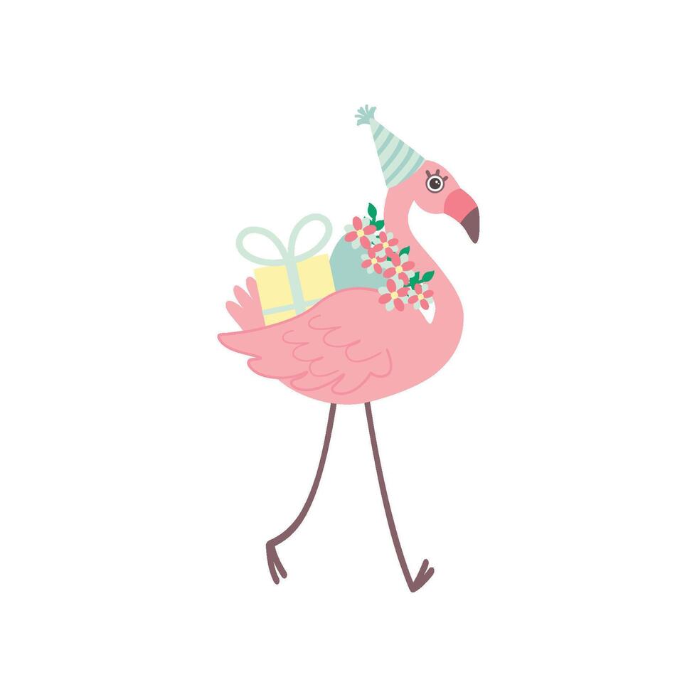 Cute Flamingo Wearing Party Hat Walking with Bouquet of Flowers and Gift Box, Beautiful Exotic Bird Character Illustration vector