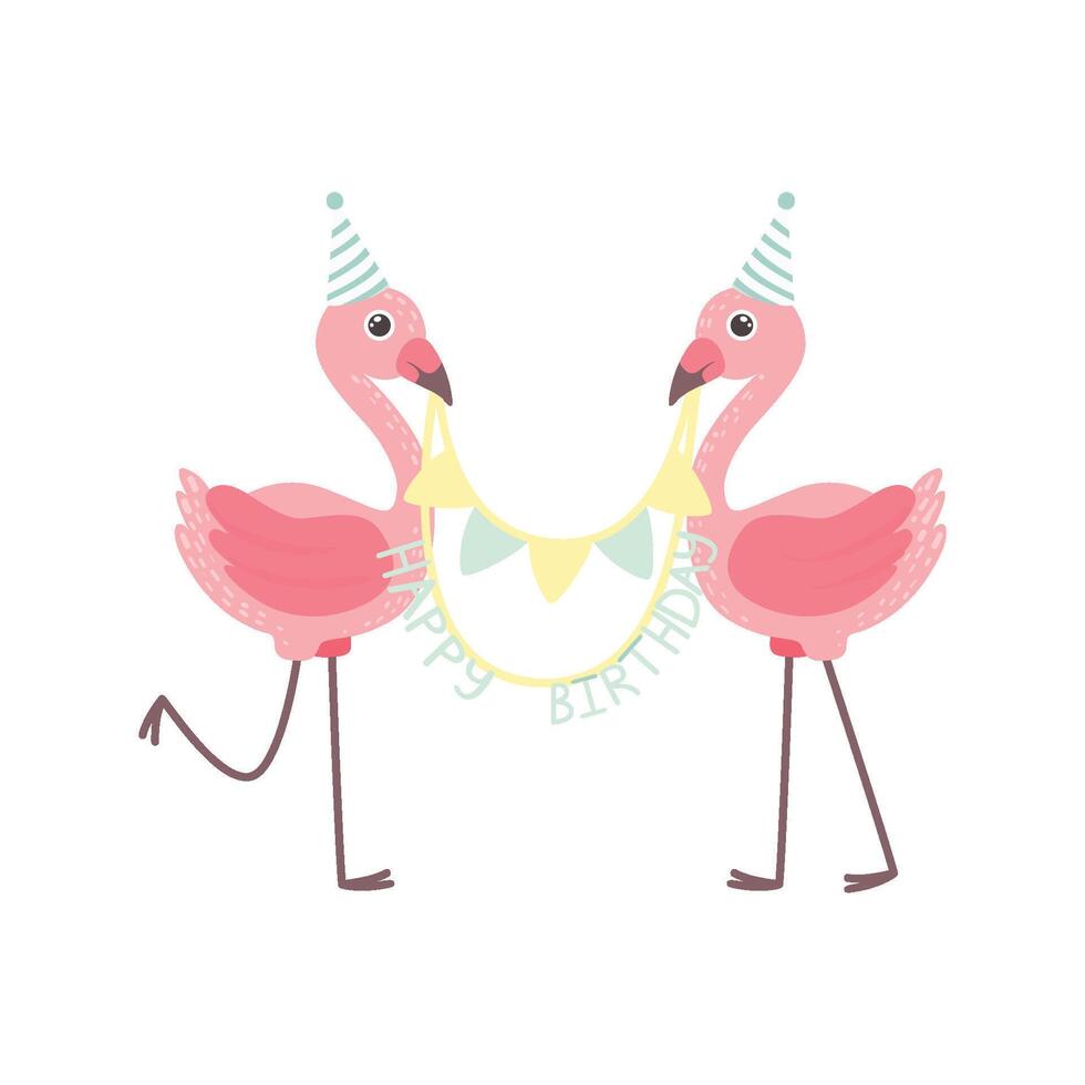 Cute Flamingos Wearing Party Hats Holding Party Flags with Happy Birthday Letters, Beautiful Exotic Bird Character Illustration vector