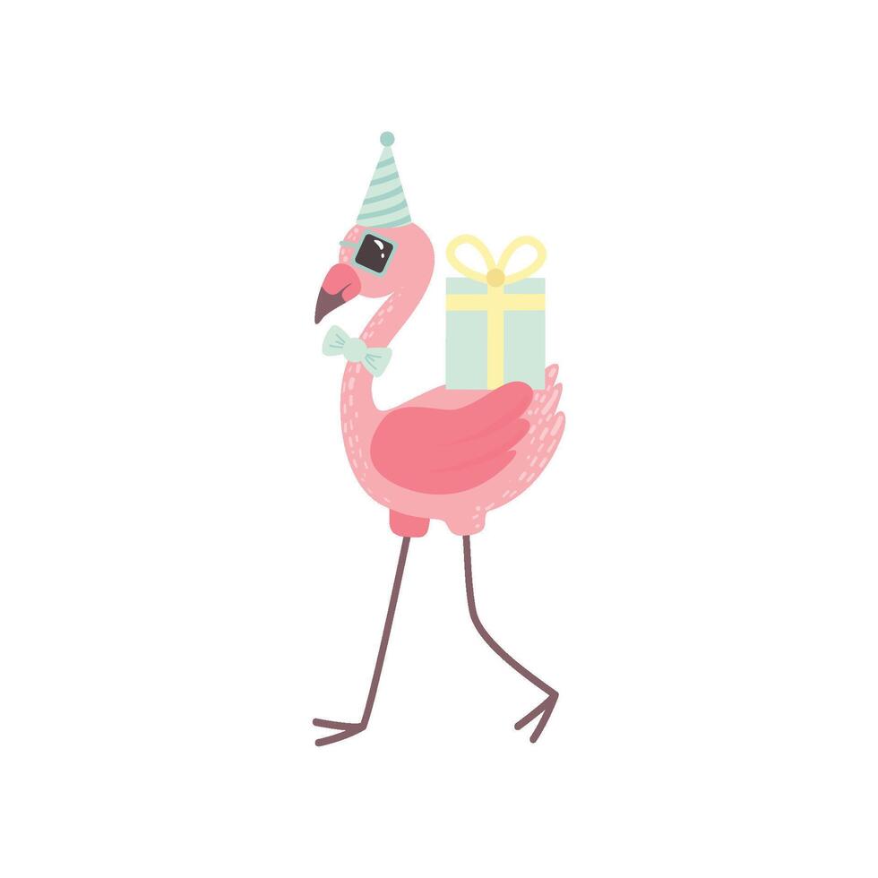 Cute Flamingo Wearing Party Hat and Bow Tie Walking with Gift Boxes, Beautiful Exotic Bird Character Illustration vector