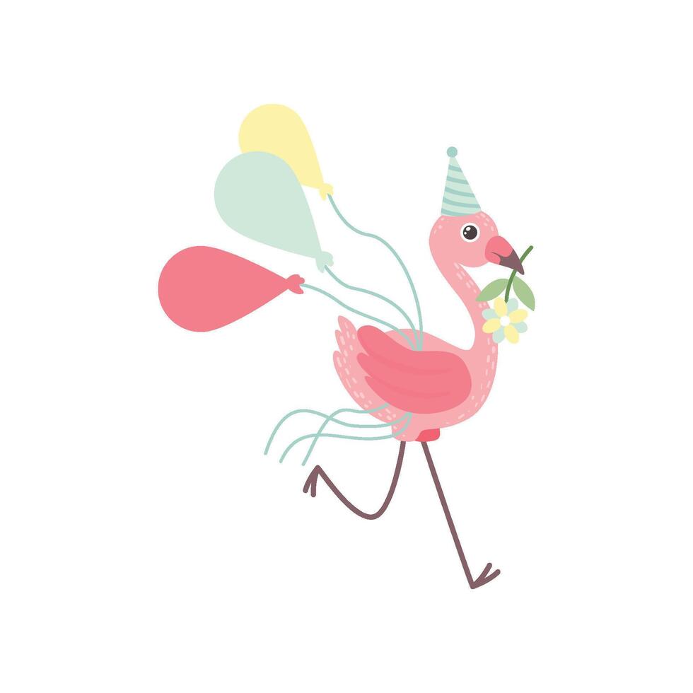 Cute Flamingo Wearing Party Hat Running with Colorful Balloons and Flower In its Beak, Beautiful Exotic Bird Character Illustration vector