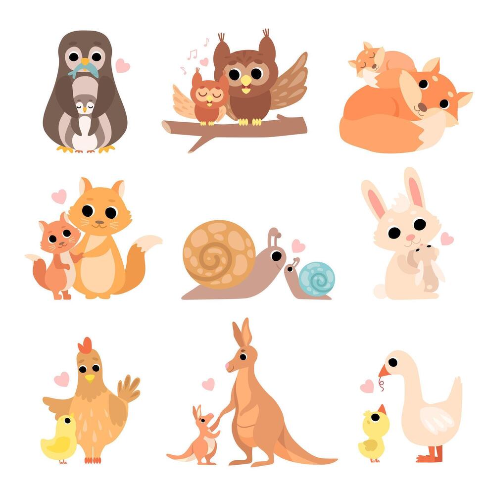 Cute Animal Families Set, Penguin, Owl, Squirrel, Fox, Snail, Rabbit, Hen, Kangaroo, Goose Illustration vector