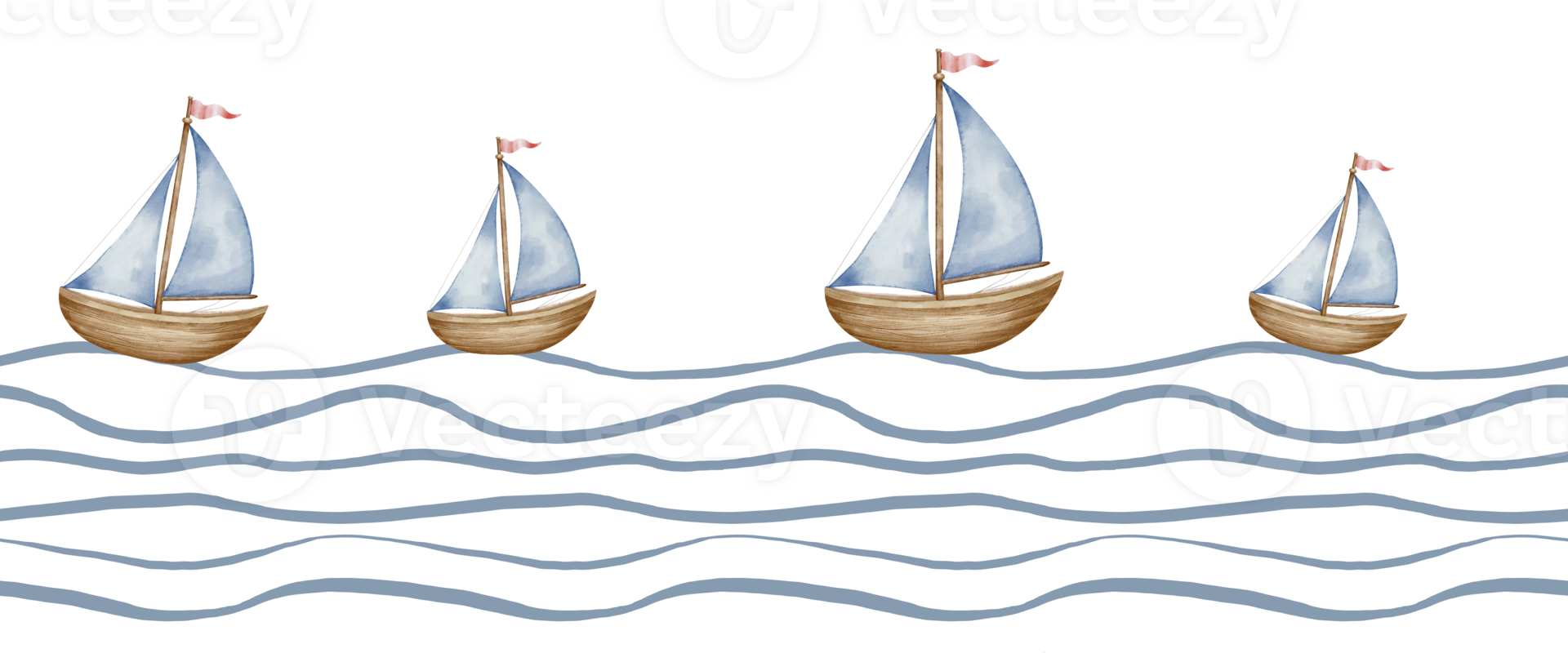 Ship is sailing on the waves for baby. Watercolor illustration of nautical seamless border for childish design. Pattern with little sailboat in pastel blue and beige colors. Frame for kids banner. png