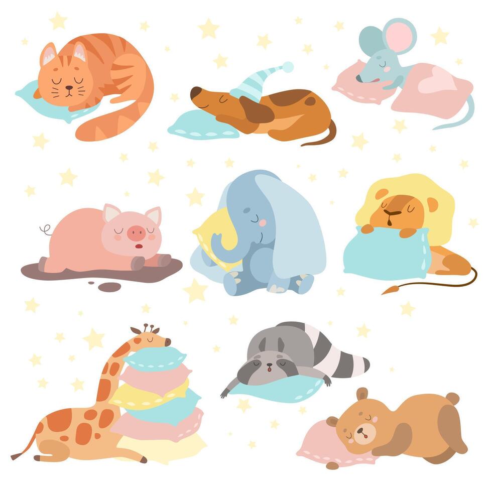 Cute Animals Sleeping Set, Cat, Dog, Mouse, Pig, Elephant, Lion, Giraffe, Raccoon, Bear Lying on Pillows Illustration vector