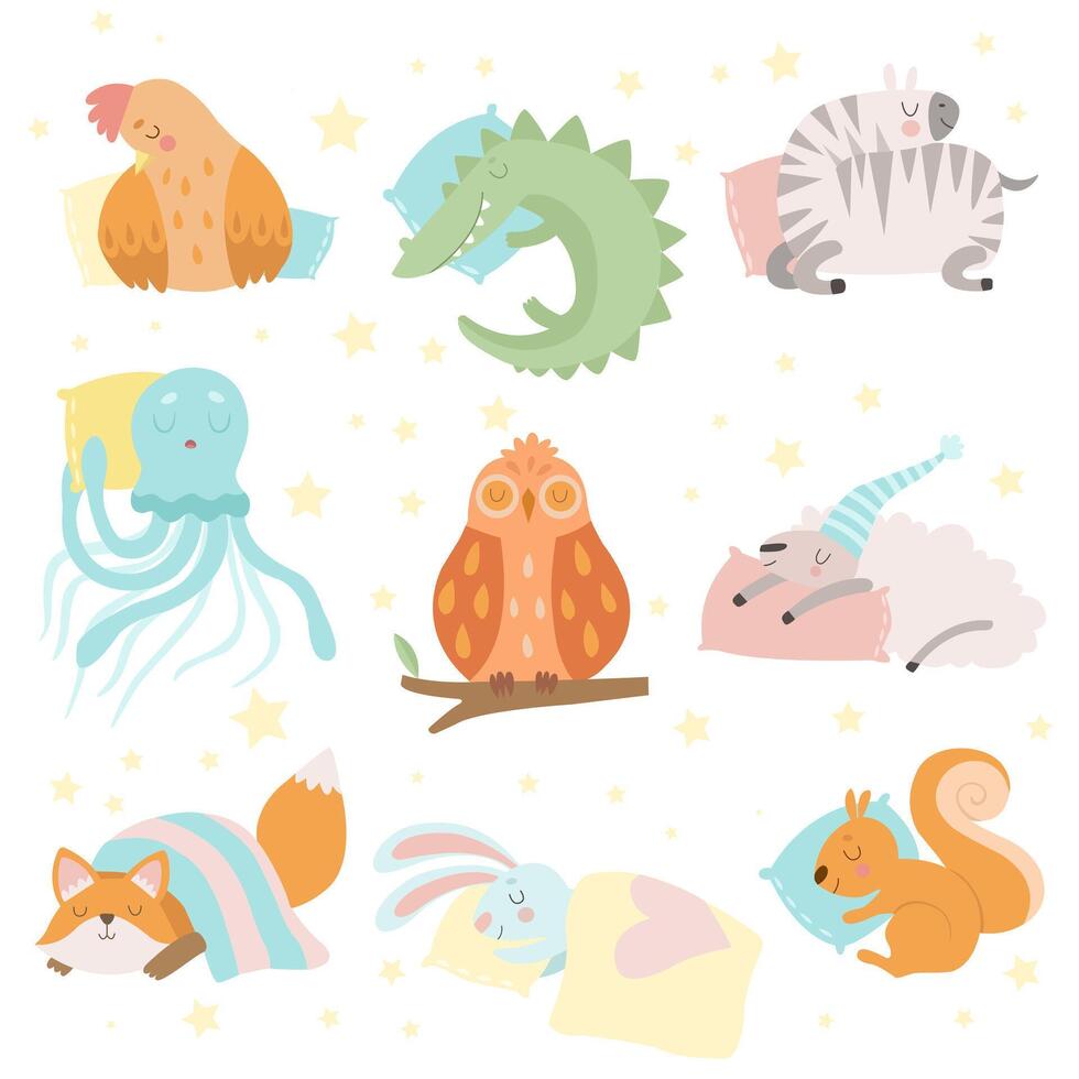 Cute Animals Sleeping Set, Hen, Zebra, Crocodile, Octopus, Sheep, Squirrel, Fox, Bunny, Owl with Pillows Illustration vector