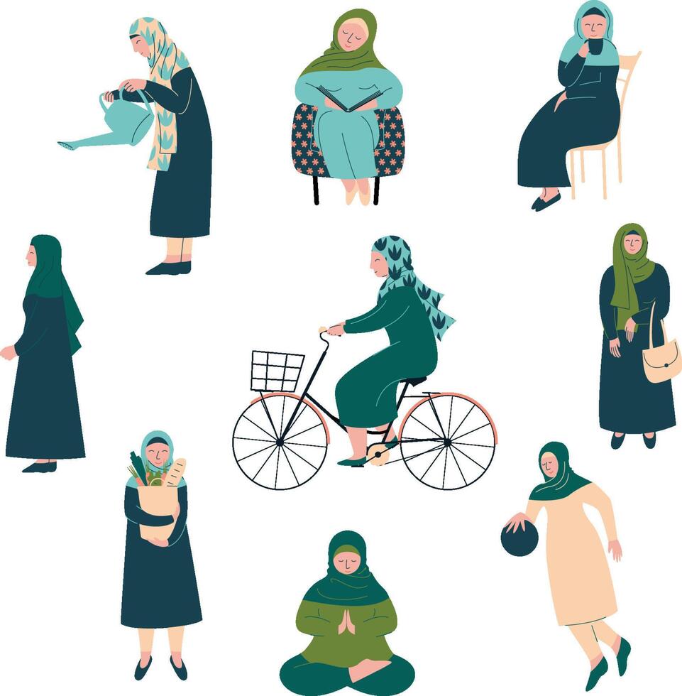 Muslim Woman in Hijab Set, Modern Arab Girls Characters in Traditional Clothing in Different Situations Illustration vector