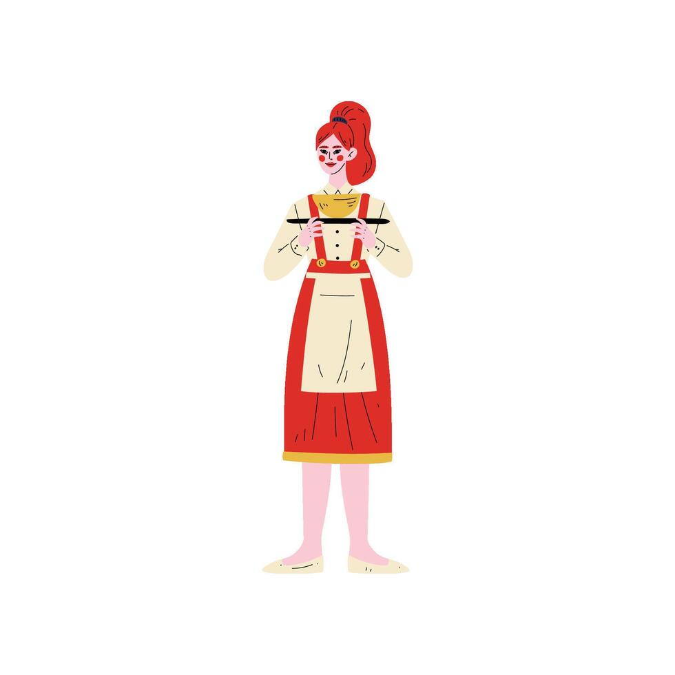 Waitress Standing with Tray, Hotel Staff Character in Red Uniform Illustration vector