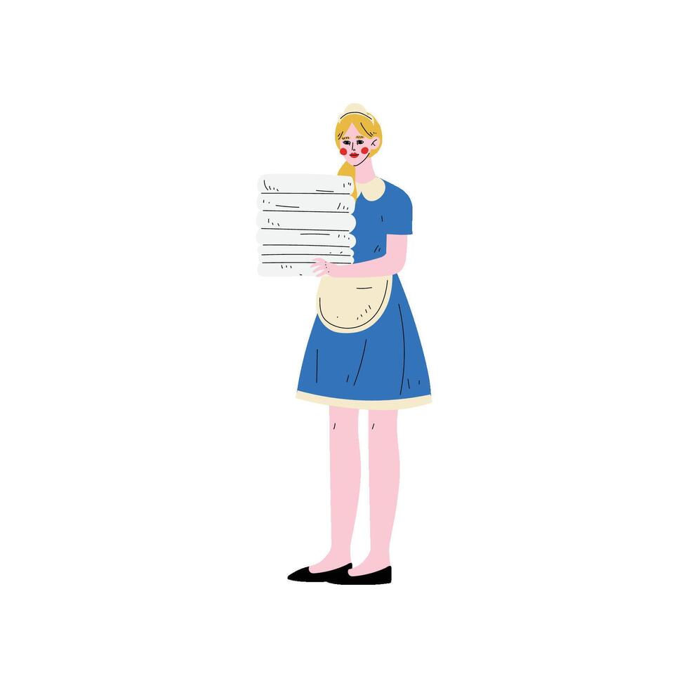 Maid Holding Stack of Clean Towels, Hotel Staff Character in Blue Uniform Illustration vector