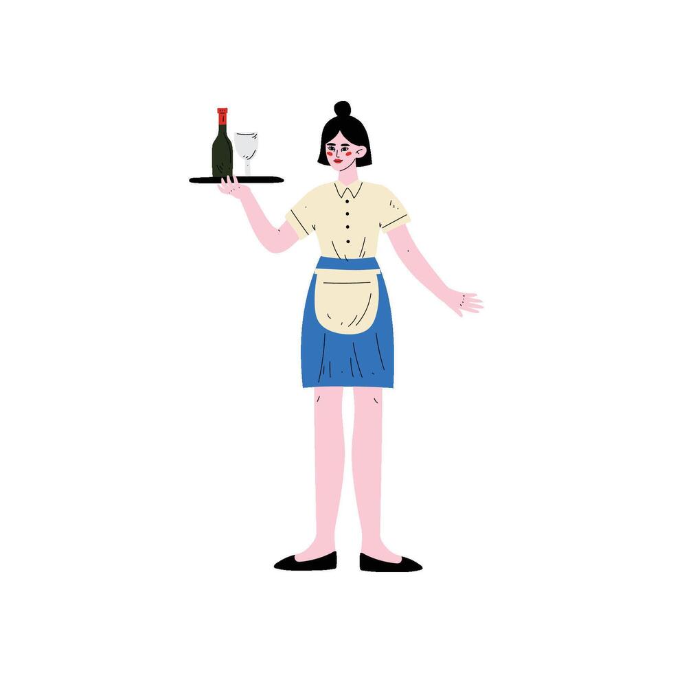 Waitress with Tray, Girl Serving of Drinks, Hotel Staff Character in Blue Uniform Illustration vector