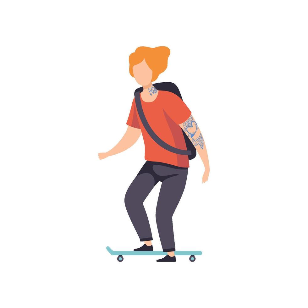 Young Man Riding Skateboard, Guy Having Tattoo on His Arm Illustration vector