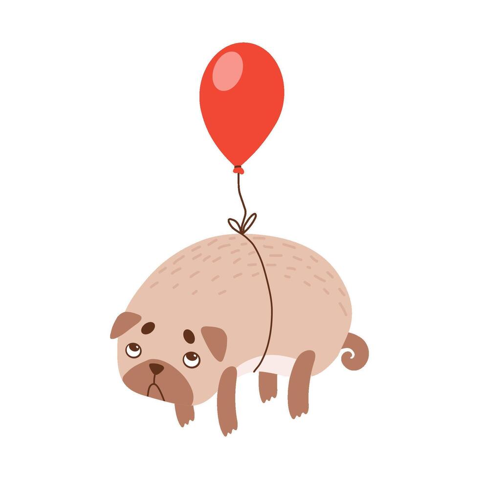 Cute Pug Dog Flying with Red Balloon, Funny Friendly Animal Pet Character Illustration vector