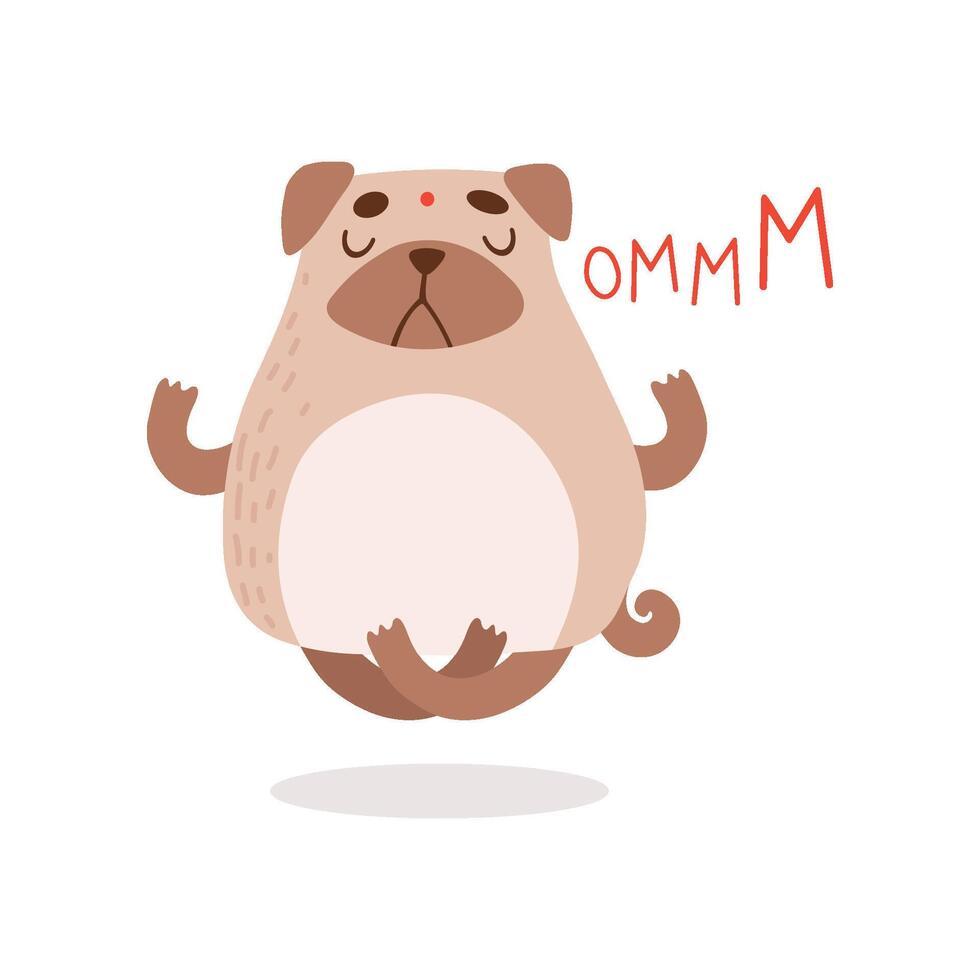 Cute Pug Dog Meditating in Lotus Position, Funny Friendly Animal Pet Character Illustration vector