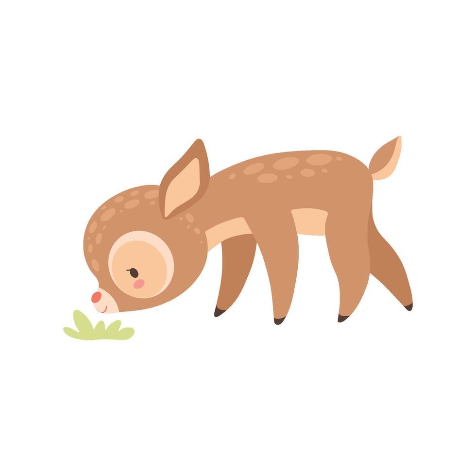 Cute Baby Deer Grazing, Adorable Forest Fawn Animal Illustration vector