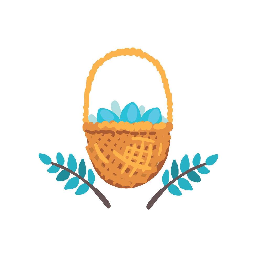 Basket of Colored Easter Eggs and Green Spring Twigs Illustration vector
