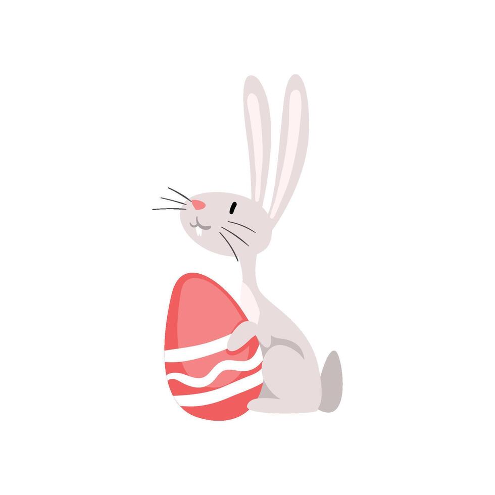 Cute White Easter Bunny Sitting with Red Egg, Funny Rabbit Cartoon Character Illustration vector