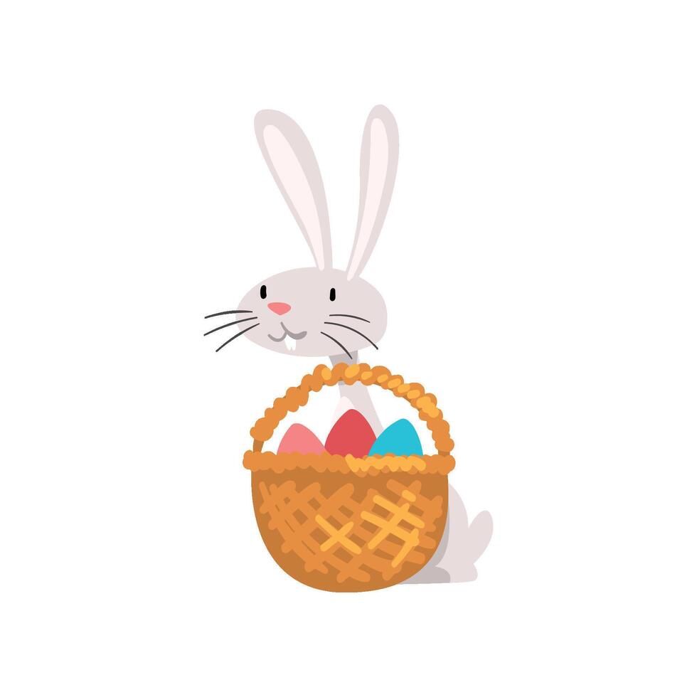 Cute White Easter Bunny with Basket of Colorful Eggs, Adorable Rabbit Cartoon Character Illustration vector