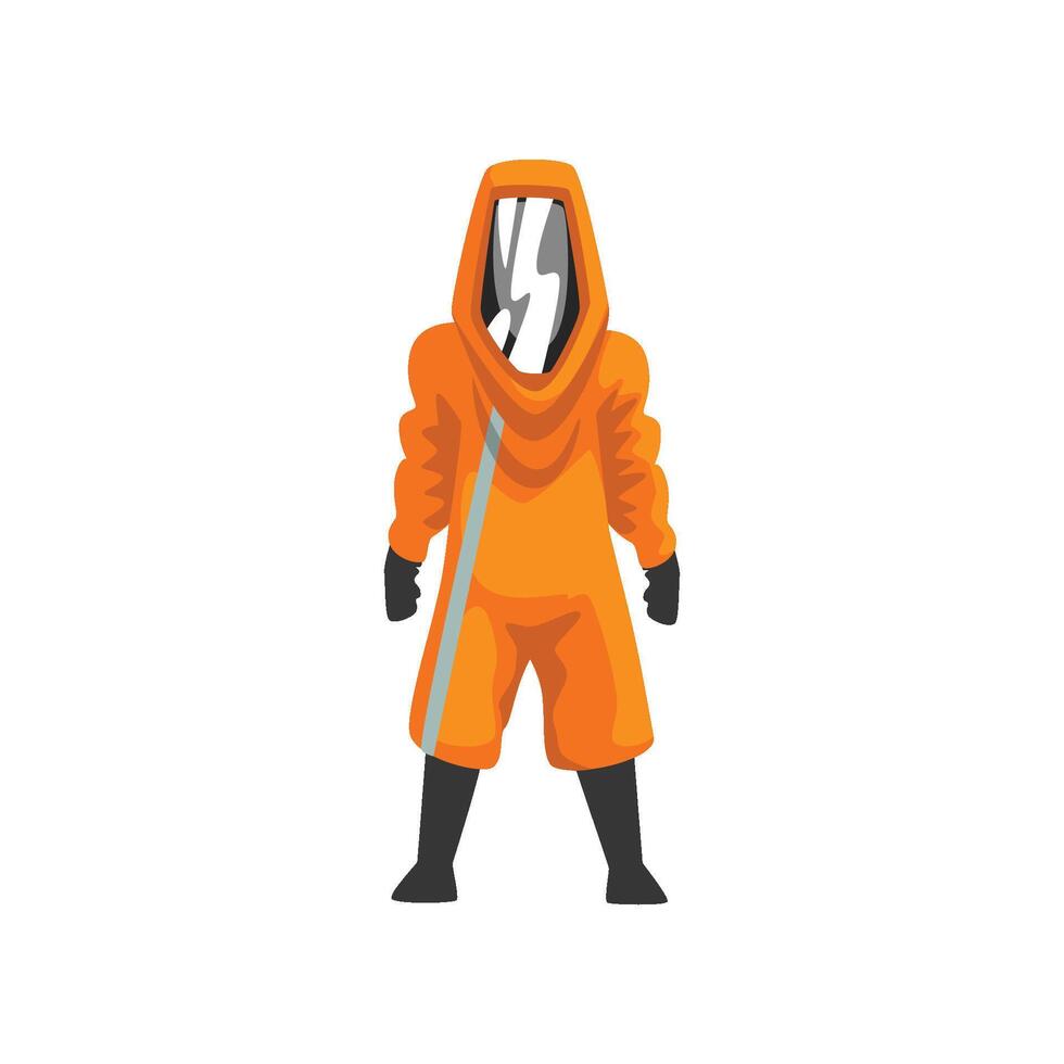 Man in Orange Protective Suit, Helmet and Mask, Chemical, Radioactive, Toxic, Hazardous Professional Safety Uniform Illustration vector