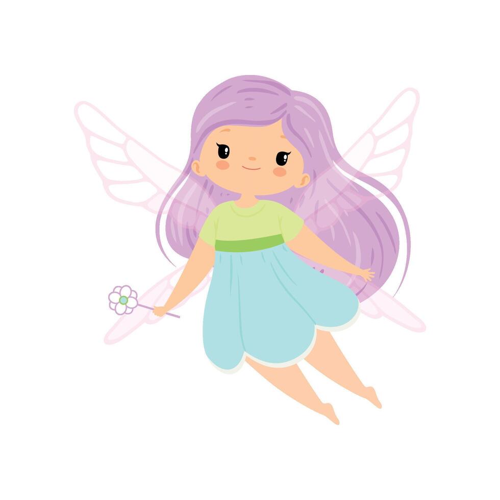 Cute Little Winged Fairy with Long Lilac Hair, Beautiful Flying Girl Character in Fairy Costume with Magic Wand Illustration vector