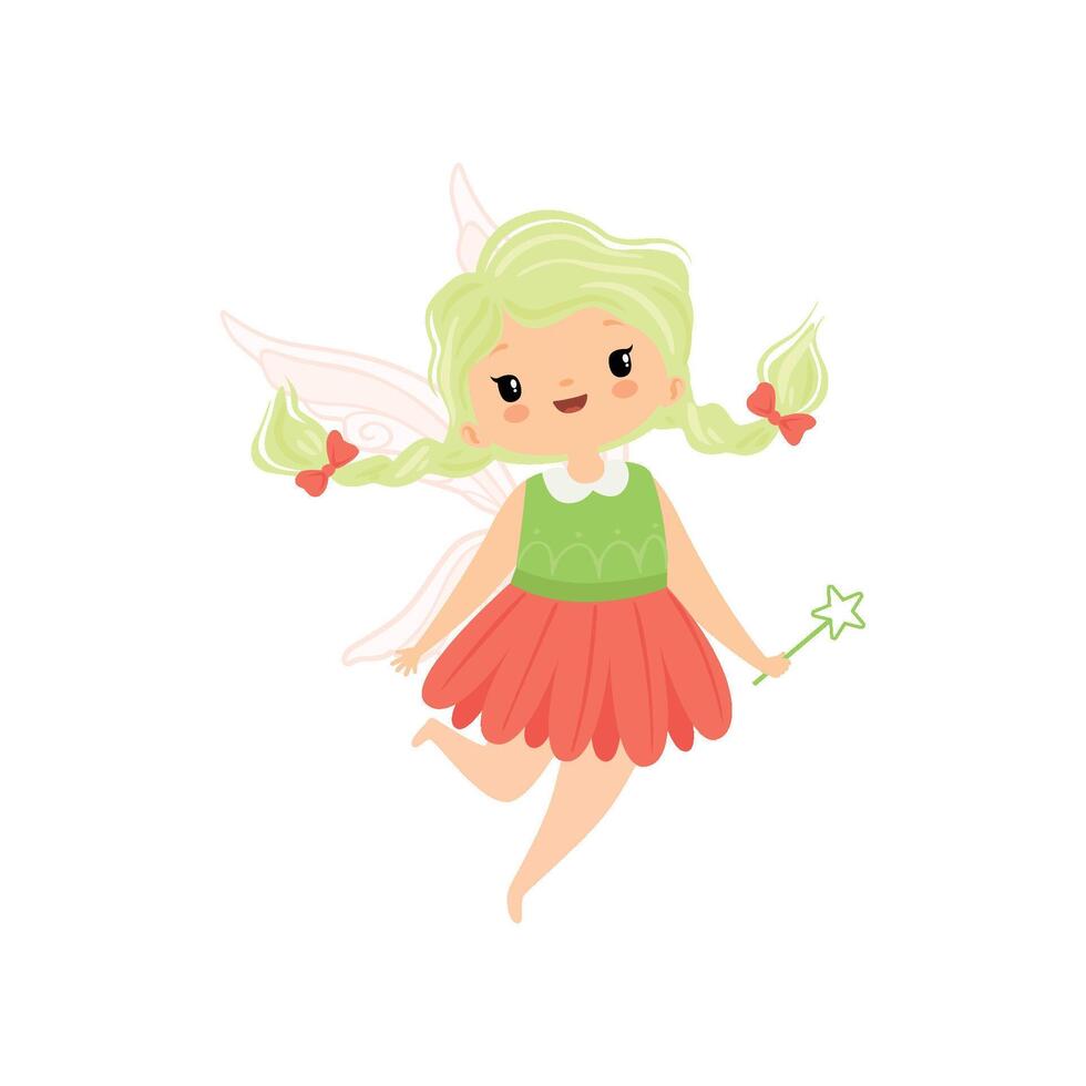 Cute Little Winged Fairy with Braids, Lovely Flying Girl Character in Fairy Costume with Magic Wand Illustration vector