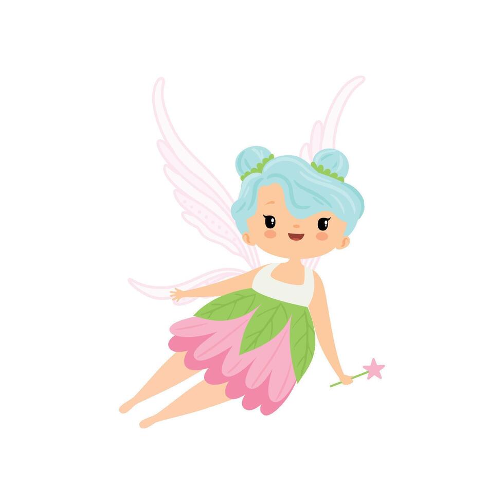 Cute Little Winged Fairy Flying with Magic Wand, Beautiful Girl Character in Fairy Costume Illustration vector