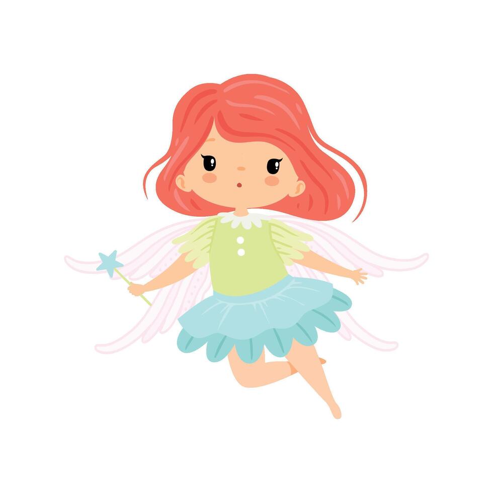 Beautiful Little Winged Fairy, Sweet Flying Girl Character in Fairy Costume with Magic Wand Illustration vector